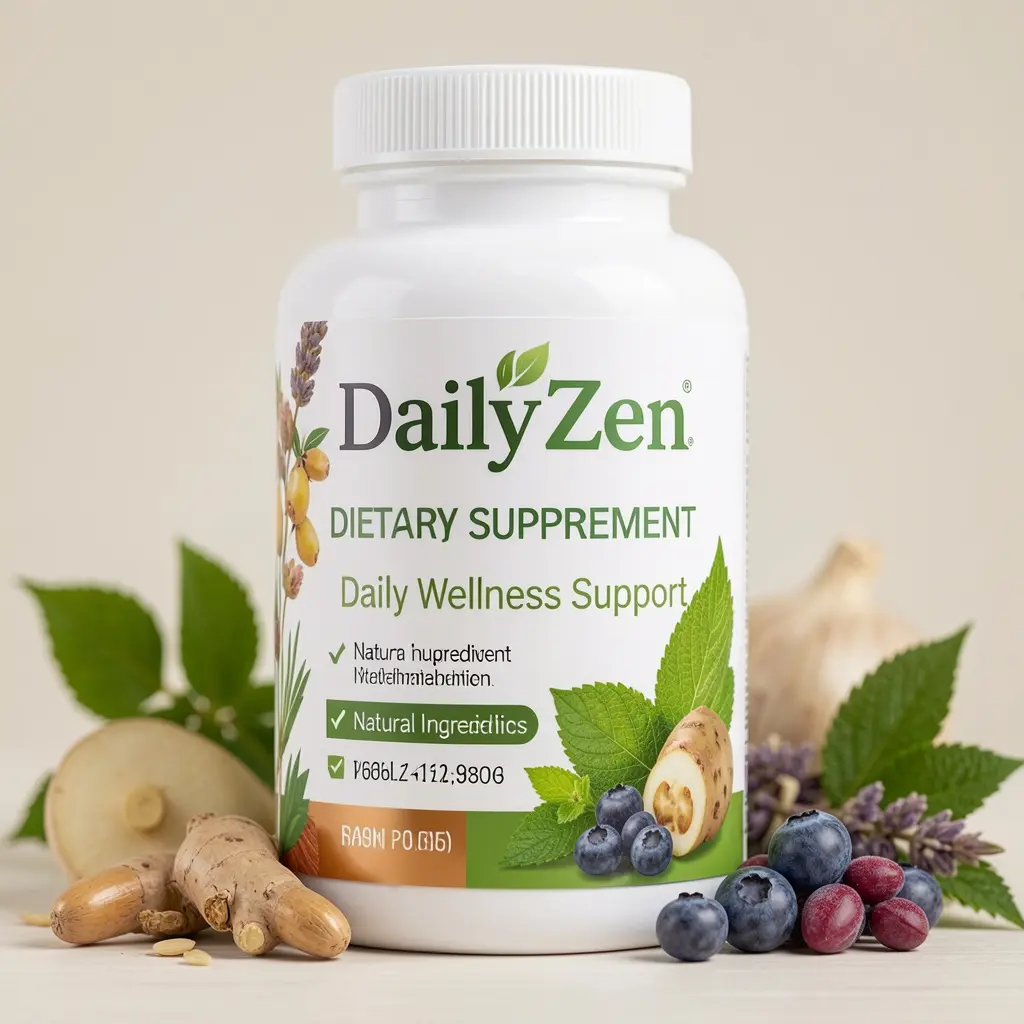 DailyZen dietary supplement bottle with natural ingredients for daily wellness support